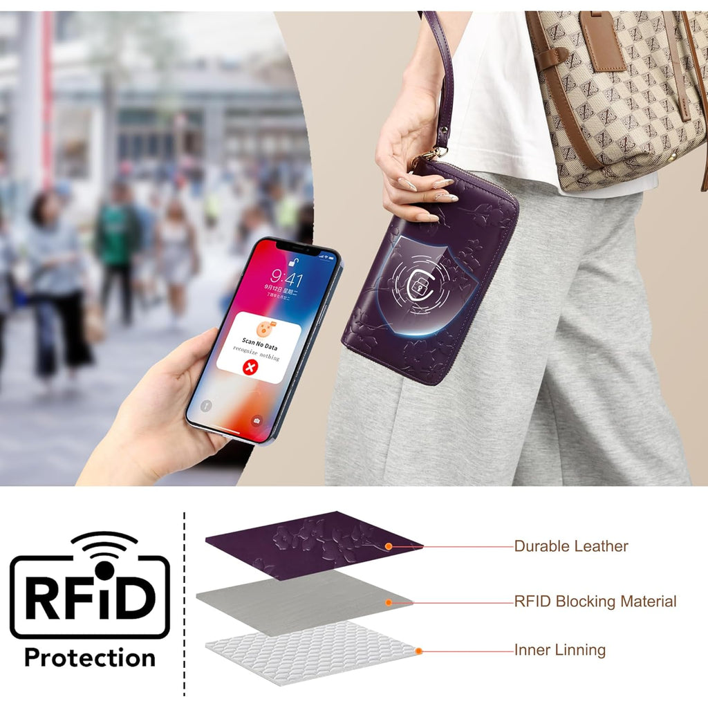 yiijay Womens Wallet RFID Blocking Large Capacity Vegan Leather Double Zip Wristlet Wallet Card Holder Travel Ladies Clutch