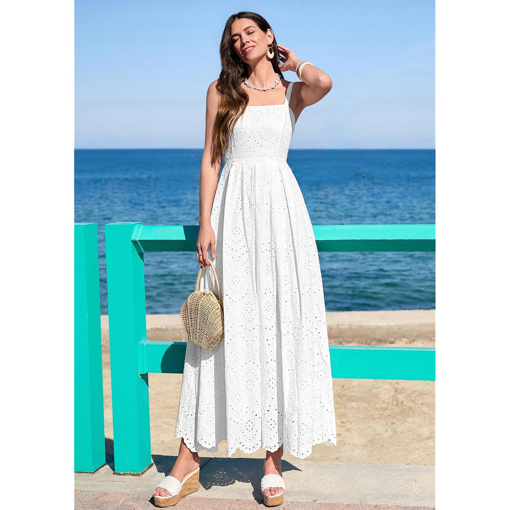 Prettygarden Womens Sleeveless Maxi Summer Dresses 2026 Hollow Out Eyelet Square Neck Ruffle Flowy Beach Vacation Sundress