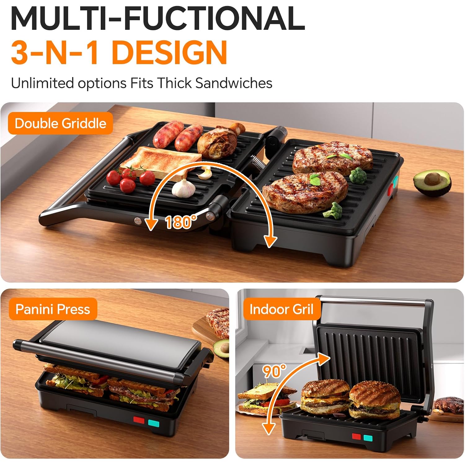 Panini Press Grill, 1000W Sandwich Maker With Non-Stick Coated Plates, Opens 180 Degrees For Any Size Of Food, 3-In-1 Sandwich Press Electric Grill, Stainless Steel Surface And Removable Drip Tray