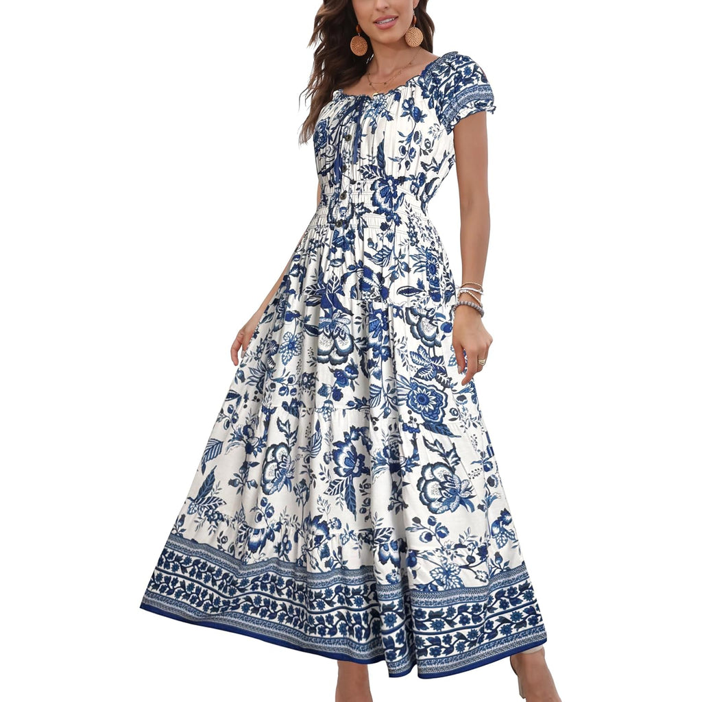 Ostoo Women'S Floral Maxi Dress Boho Summer Short Sleeve Smocked Waist Tiered Long Dress