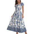 Ostoo Women'S Floral Maxi Dress Boho Summer Short Sleeve Smocked Waist Tiered Long Dress