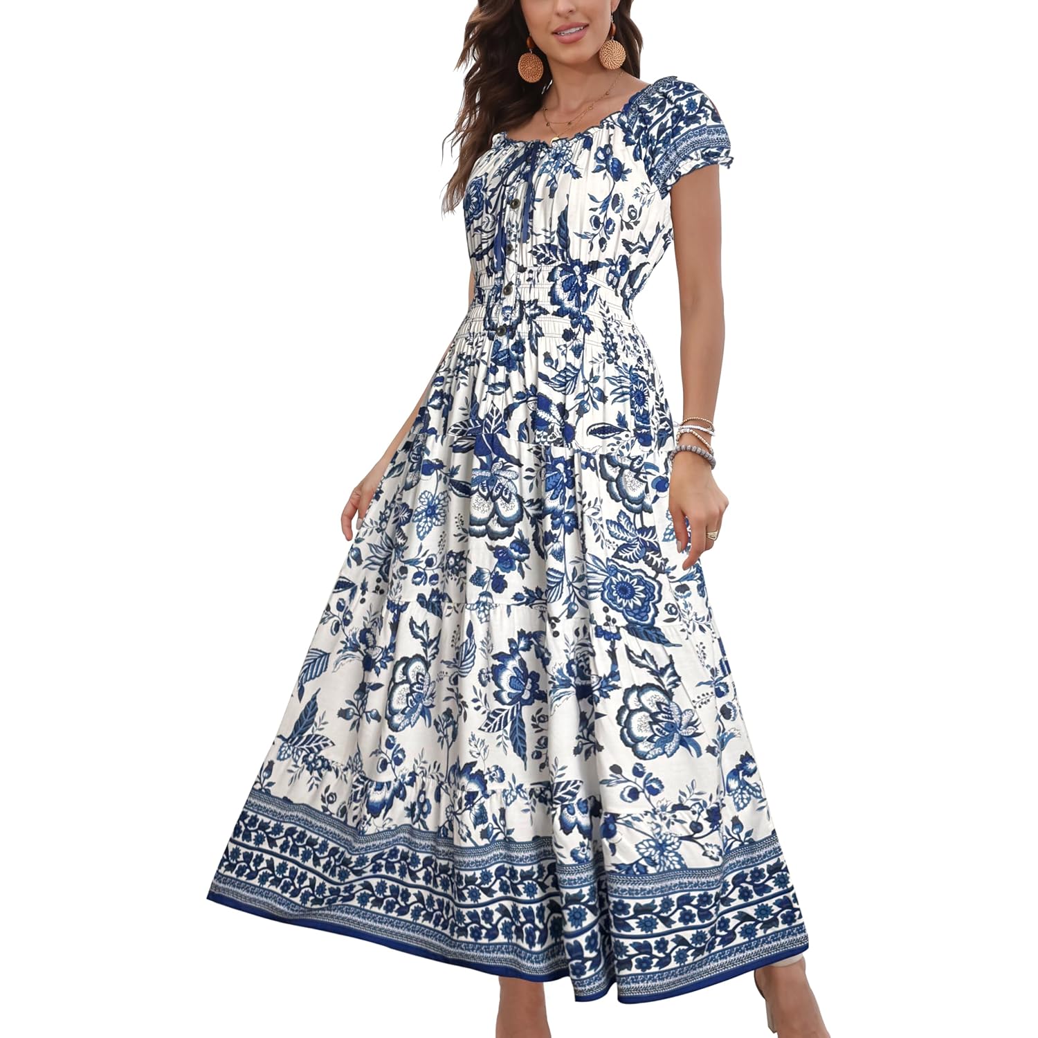 Ostoo Women'S Floral Maxi Dress Boho Summer Short Sleeve Smocked Waist Tiered Long Dress