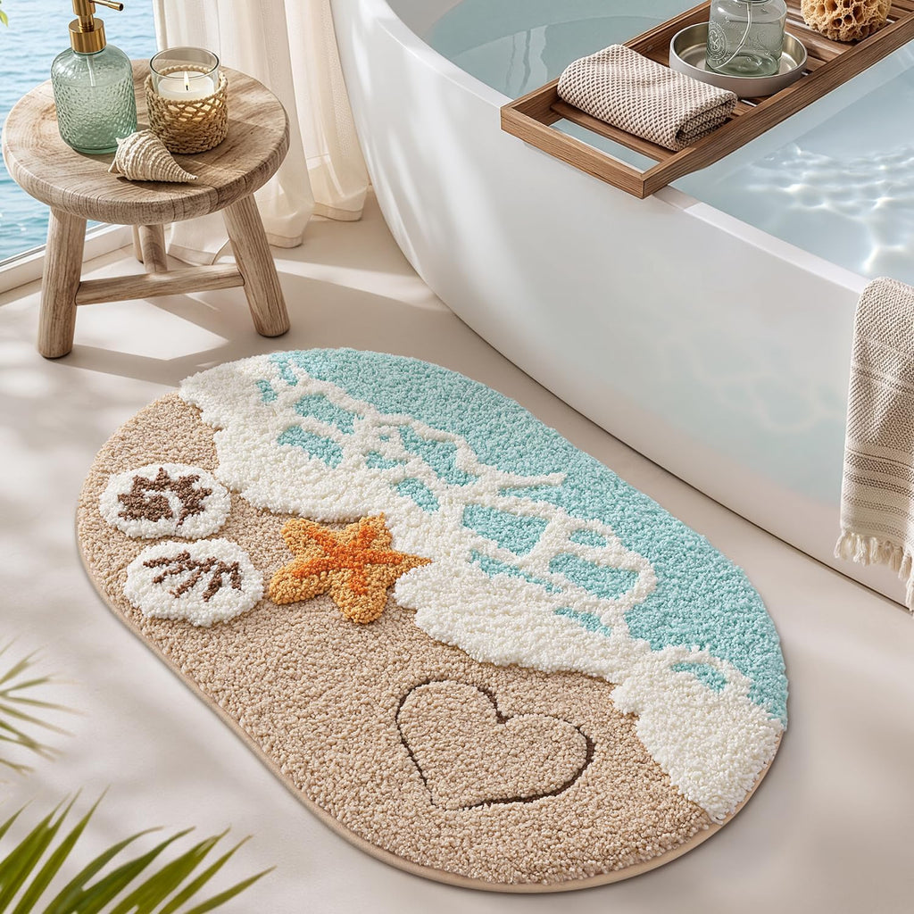 Lumi Soft And Absorbent Beach Bathroom Rug, Non-Slip Backing, Ideal For Bathroom, Kitchen And Entryway Decor, Sea Beach Starfish Shell Bath Decor, Blue, 22"X34"
