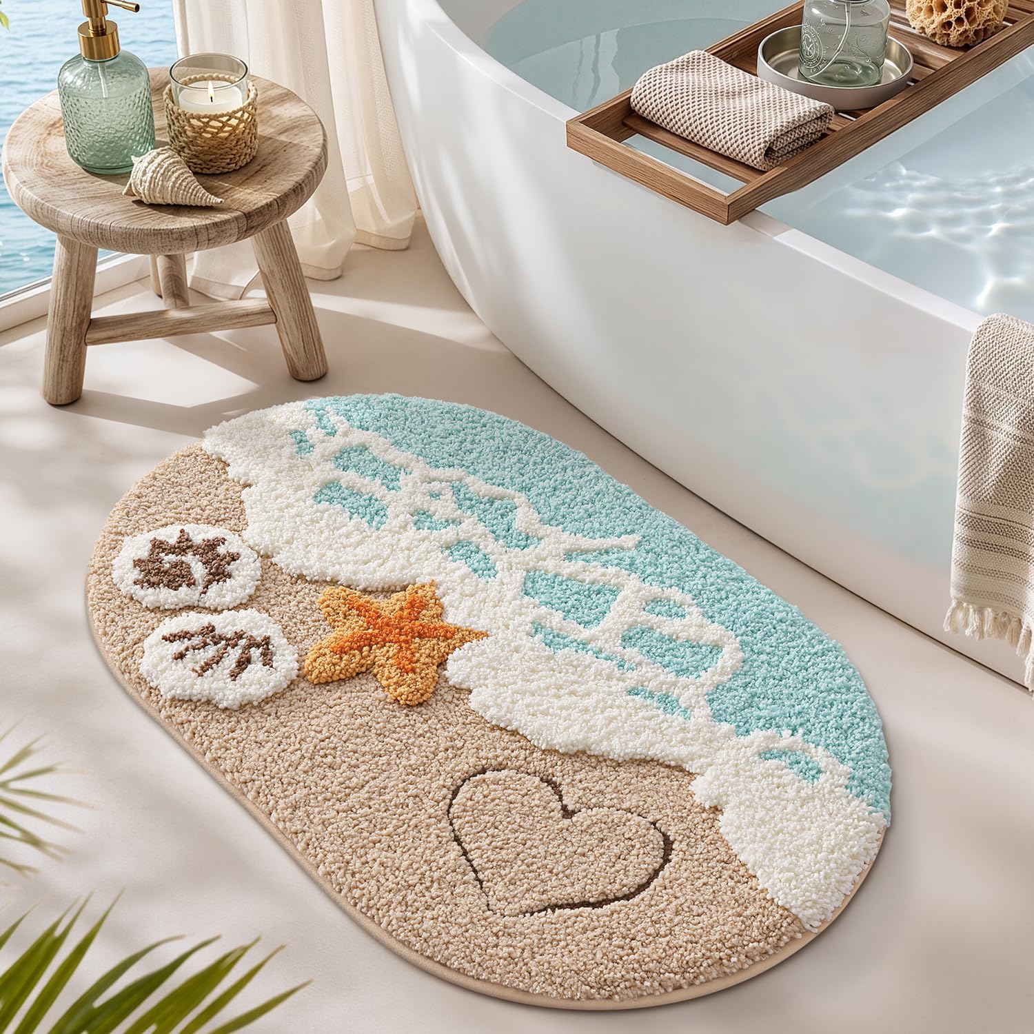 Lumi Soft And Absorbent Beach Bathroom Rug, Non-Slip Backing, Ideal For Bathroom, Kitchen And Entryway Decor, Sea Beach Starfish Shell Bath Decor, Blue, 22"X34"