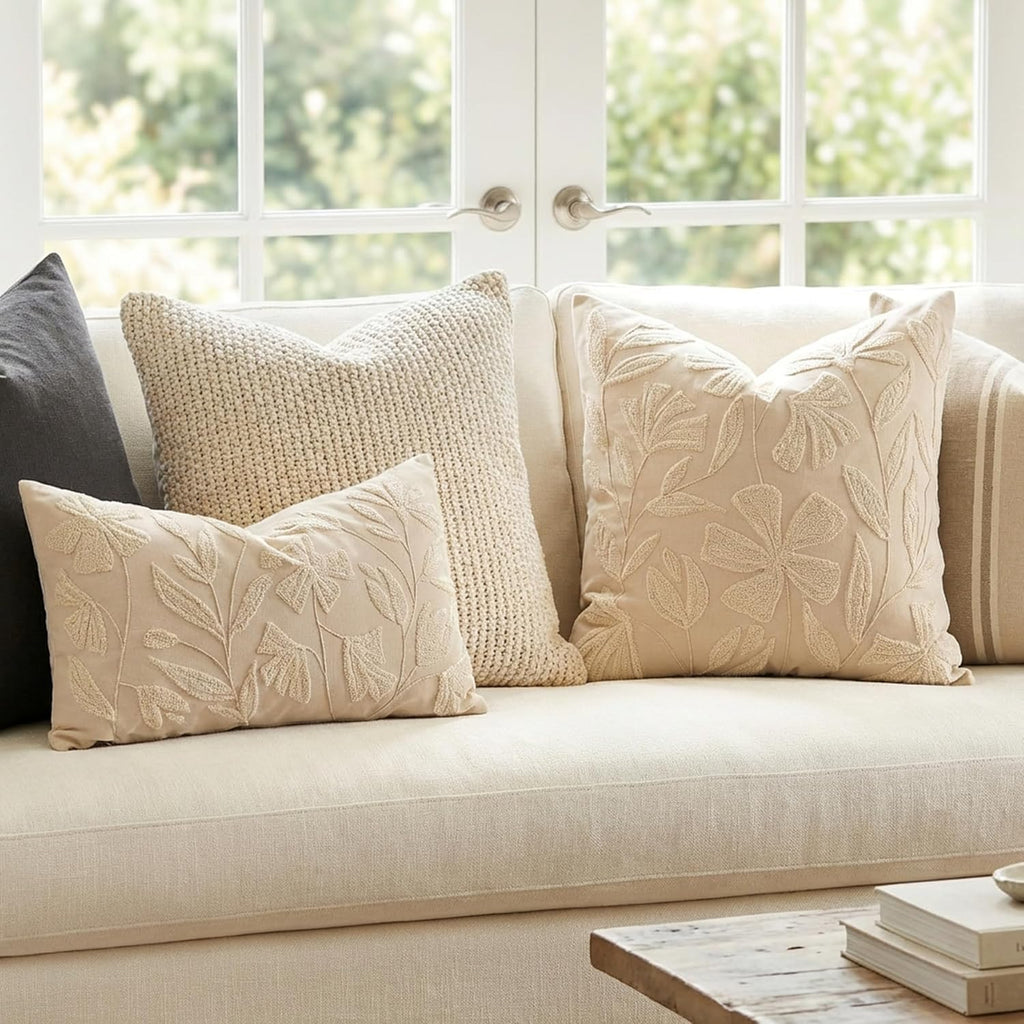 Decorative Lumbar Pillow Cover 12X20, Beige Neutral Accent Velvet Throw Pillowcase For Couch Sofa Living Room, Floral Tufted Rectangular Cushion, Cover Only