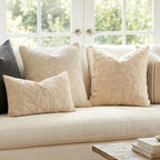 Decorative Lumbar Pillow Cover 12X20, Beige Neutral Accent Velvet Throw Pillowcase For Couch Sofa Living Room, Floral Tufted Rectangular Cushion, Cover Only