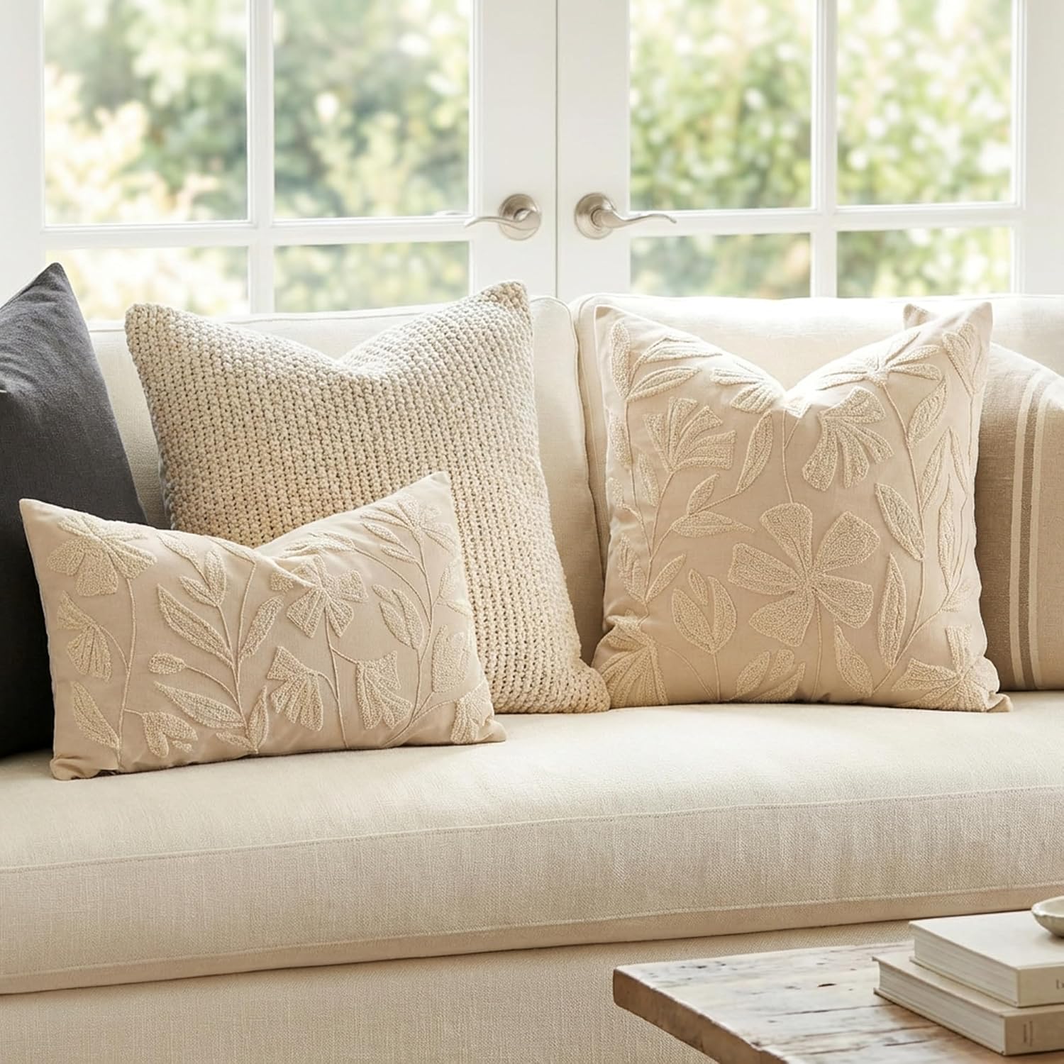 Decorative Lumbar Pillow Cover 12X20, Beige Neutral Accent Velvet Throw Pillowcase For Couch Sofa Living Room, Floral Tufted Rectangular Cushion, Cover Only