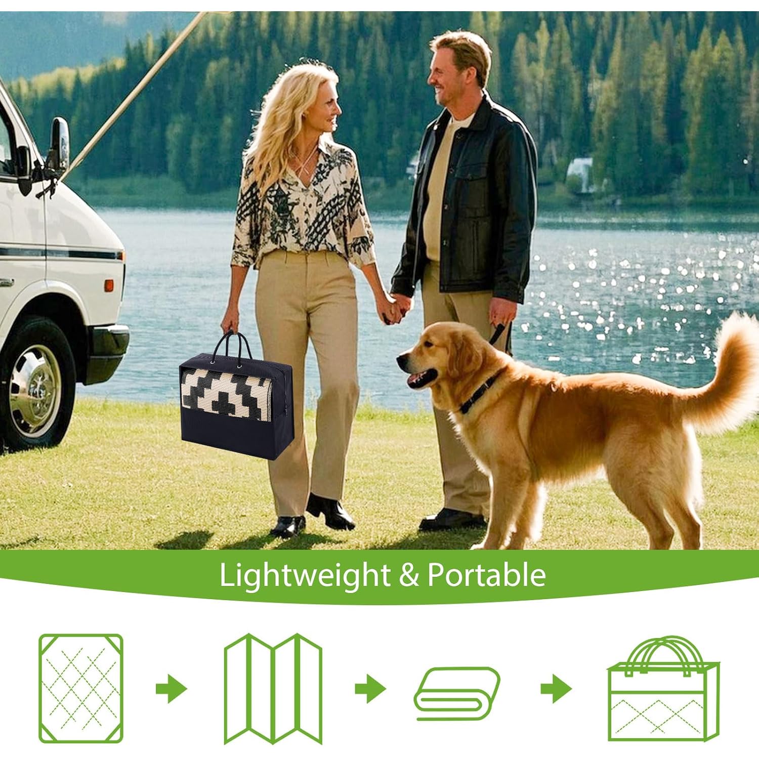 Smiry Waterproof Outdoor Rug 5X8 Ft, Reversible Plastic Straw Patio Camping Rugs, Outdoor Indoor Rv Mat Carpet For Patio, Outside Entry, Backyard, Deck, Bench, Picnic, Camper, Black & Beige