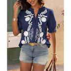 Women's 2026 Spring Tops Casual Floral Boho V Neck Puff Short Sleeve Button Down Shirts Embroidered Blouses Tunic
