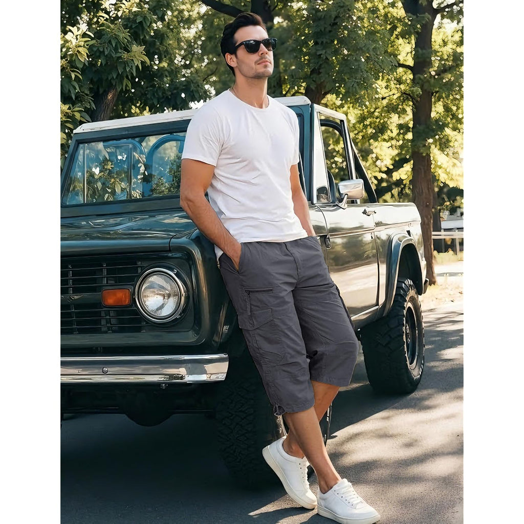 Eklentson Men'S Cargo Shorts Casual Twill Elastic 3/4 Capri Pants Below Knee Long Shorts With 7 Pockets