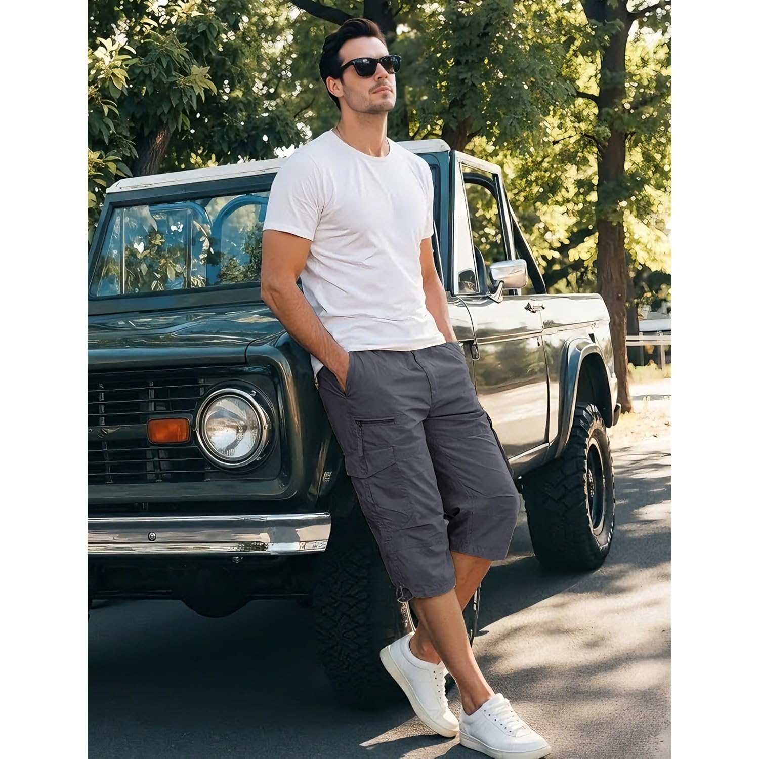 Eklentson Men'S Cargo Shorts Casual Twill Elastic 3/4 Capri Pants Below Knee Long Shorts With 7 Pockets