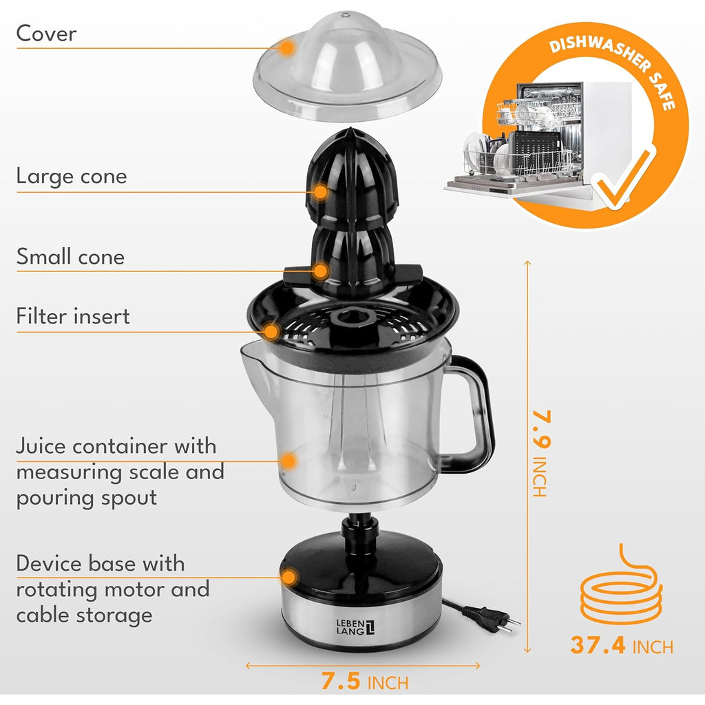 LEBENLANG Orange Juicer Electric - 2 cones & BPA-free I High juice yield & Large Volume I 24oz Lemon Juicer Squeezer I Electric Citrus Juicer Orange Juice Press Juicers Exprimidor De Naranjas Limones