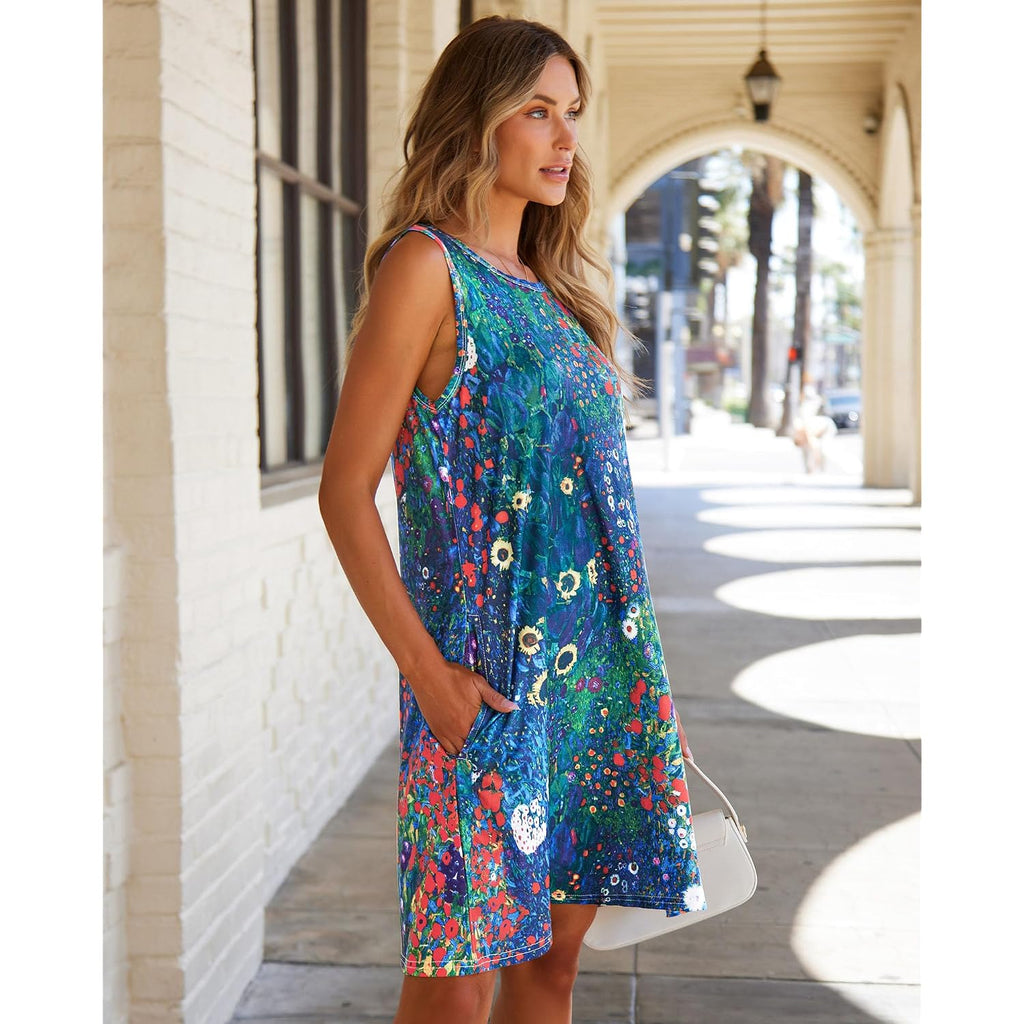 Elescat Women'S Summer Dresses 2026 Beach Casual Sleeveless Floral Print Tank Loose Sundress With Pocket