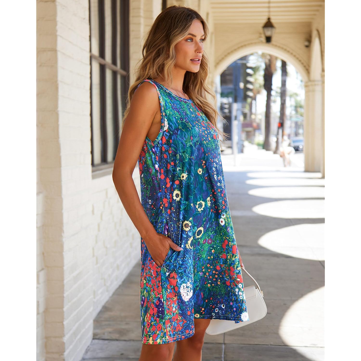 Elescat Women'S Summer Dresses 2026 Beach Casual Sleeveless Floral Print Tank Loose Sundress With Pocket
