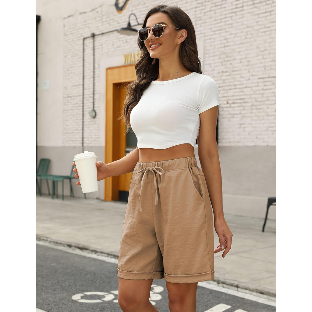 Womens Casual Loose Elastic Drawstring Summer Beach Bermuda Pocketed Shorts