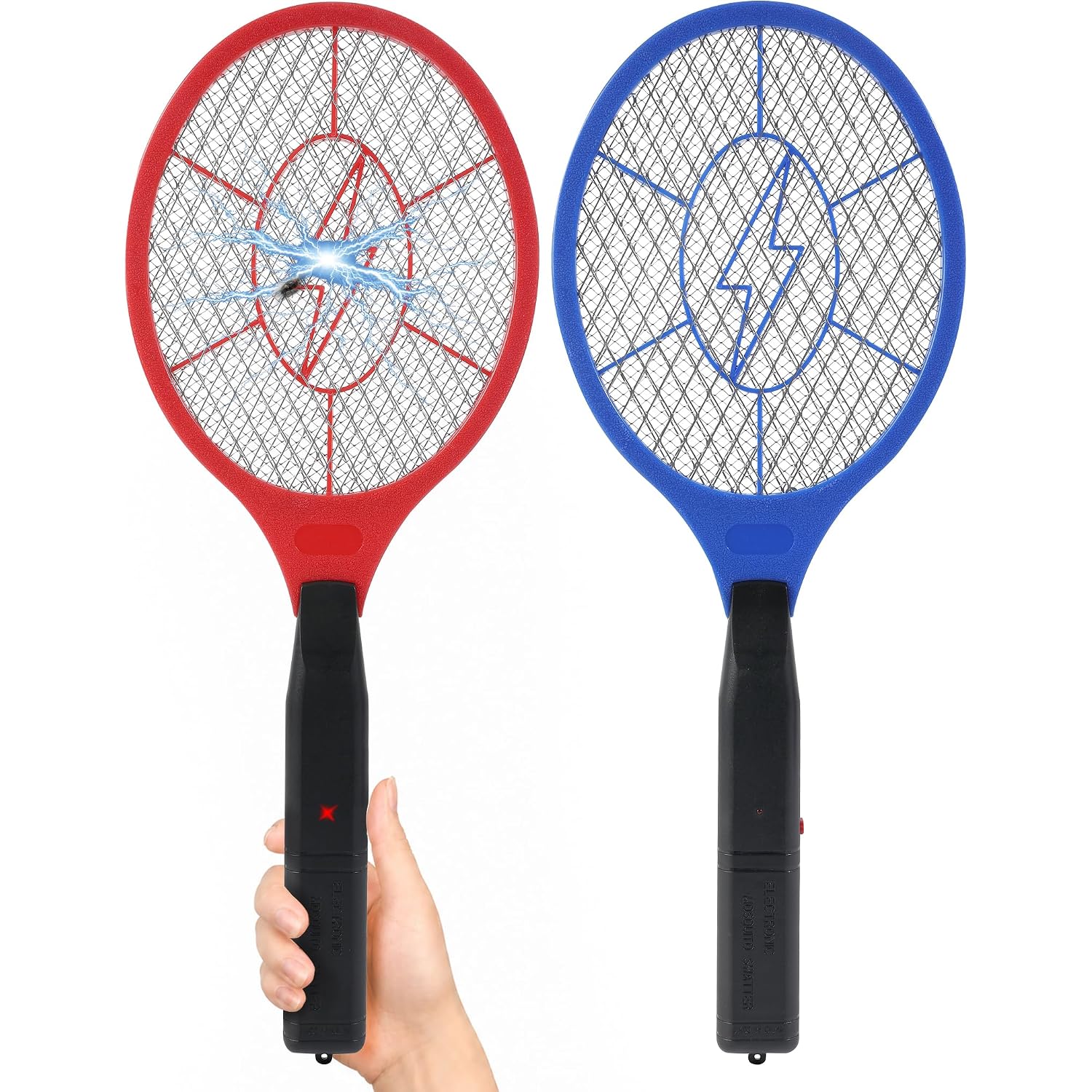 Electric Fly Swatter 2 Pack (Red & Blue), Battery Powered Bug Zapper Racket For Mosquitoes & Flies, Safe Protective Mesh, Indoor & Outdoor Use, Batteries Not Included