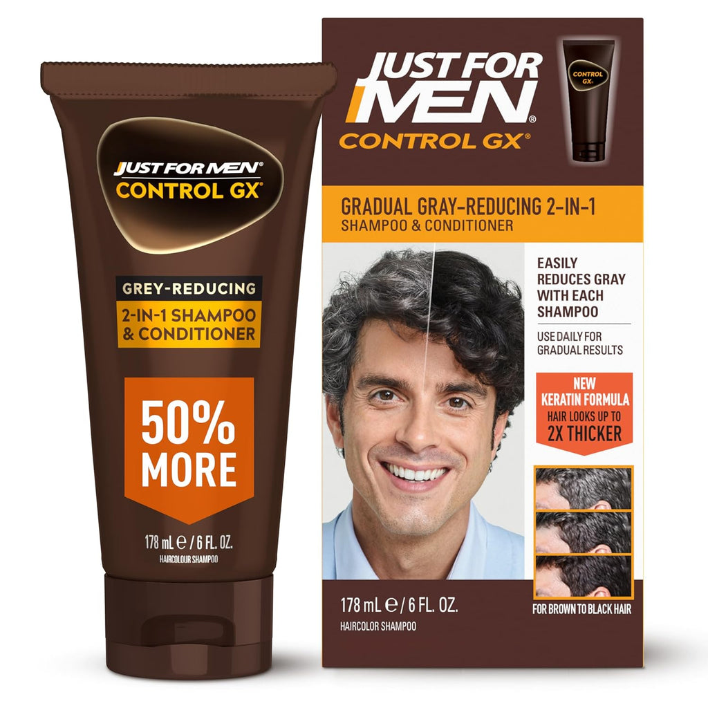 Just For Men Control Gx Grey Reducing 2-In-1 Shampoo And Conditioner, Gradual Hair Color With Keratin For Stronger Thicker And Healthier Looking Hair, 6 Fl Oz - Pack Of 1