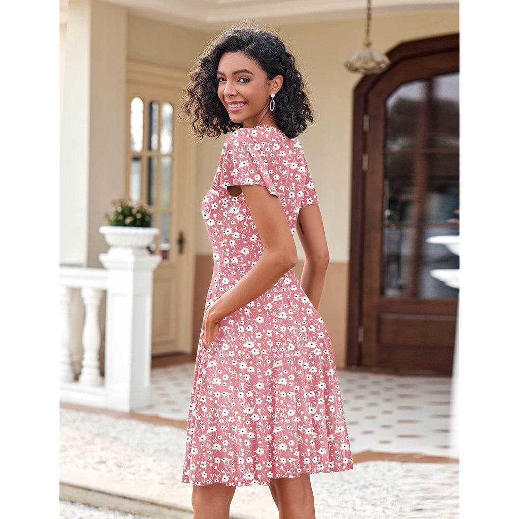 Zeagoo Womens Summer Dress Casual Swing Sundresses Floral Ruffle Short Sleeve Wedding Guest Dress Beach Mini Dress 2026