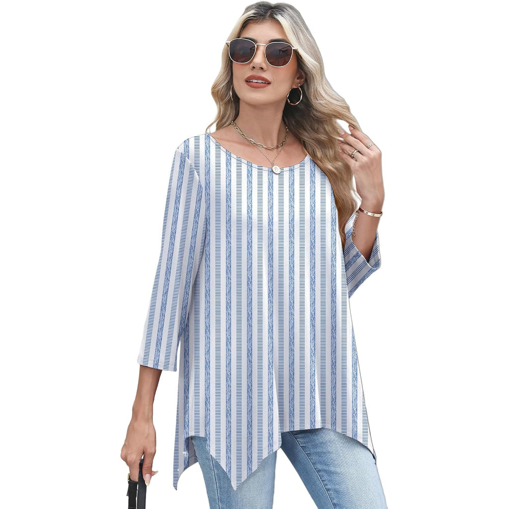 3/4 Length Sleeve Womens Tunic Tops Loose Fit Blouses Dressy Casual Crew Neck Tees S-2XL
