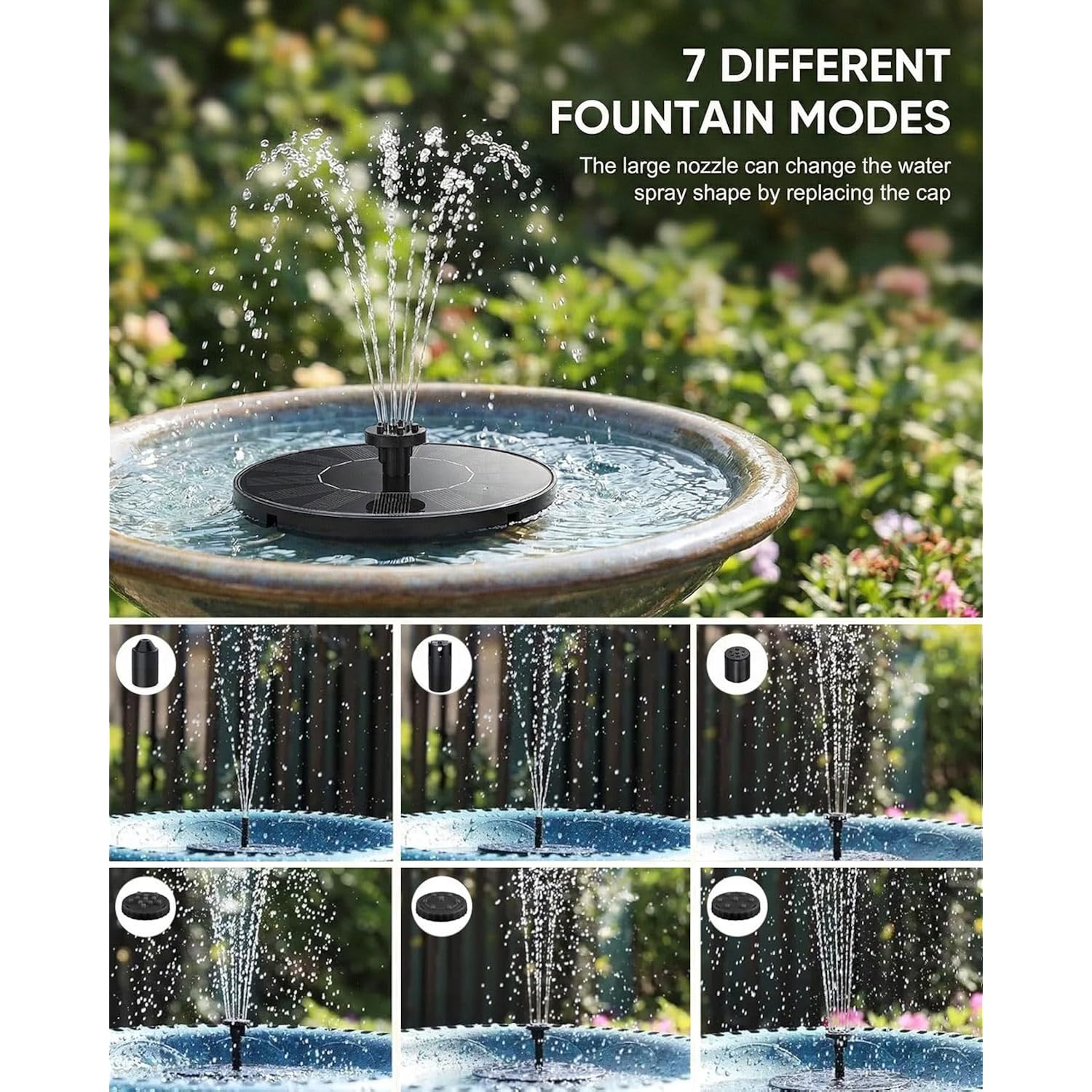 Solar Bird Bath Fountain – 2026 Newly Upgraded 1.4W Solar Pump With 7 Nozzles And 4 Fixed Pipes, Floating & Free-Standing, Solar Fountain For Bird Bath, Garden, Pond, Pool, Outdoor