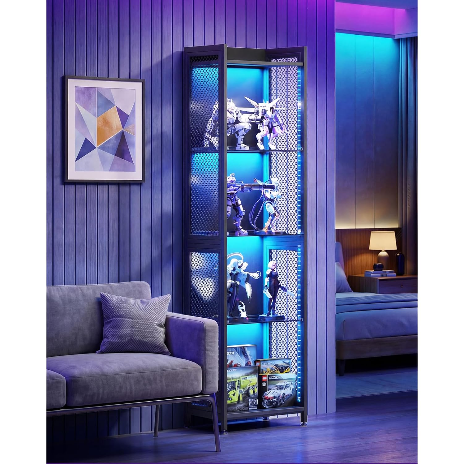 Aodk Display Case With Led Lights, Display Cabinet With Open Glass Shelves For Small Space, 4-Tier Corner Display Shelf With Industrial Mesh, Curio Cabinet For Collectibles, Bookcase