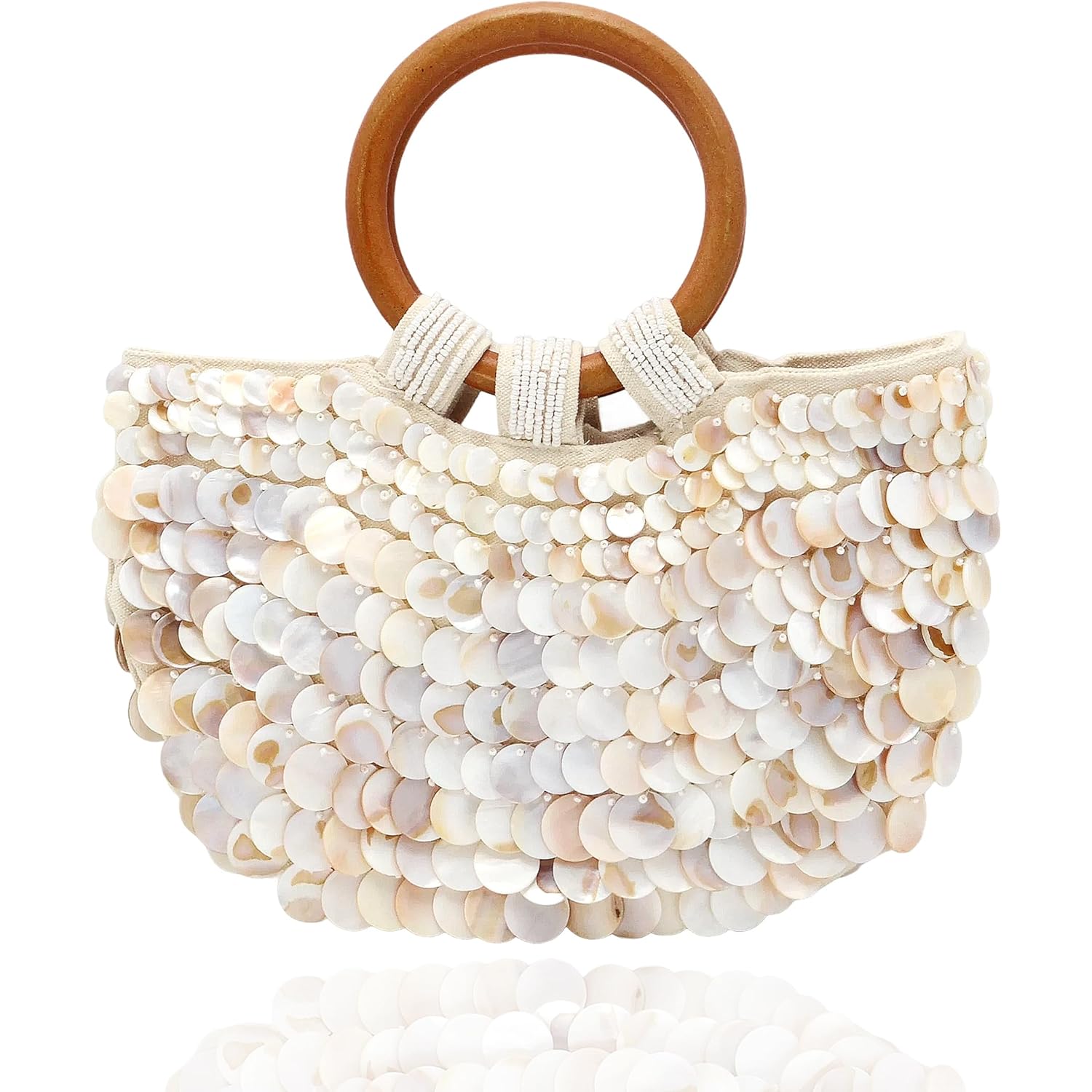 Miuco Shell Purse For Women Handmade Seashell Beaded Clutch Beach Wooden Top Handle Bag