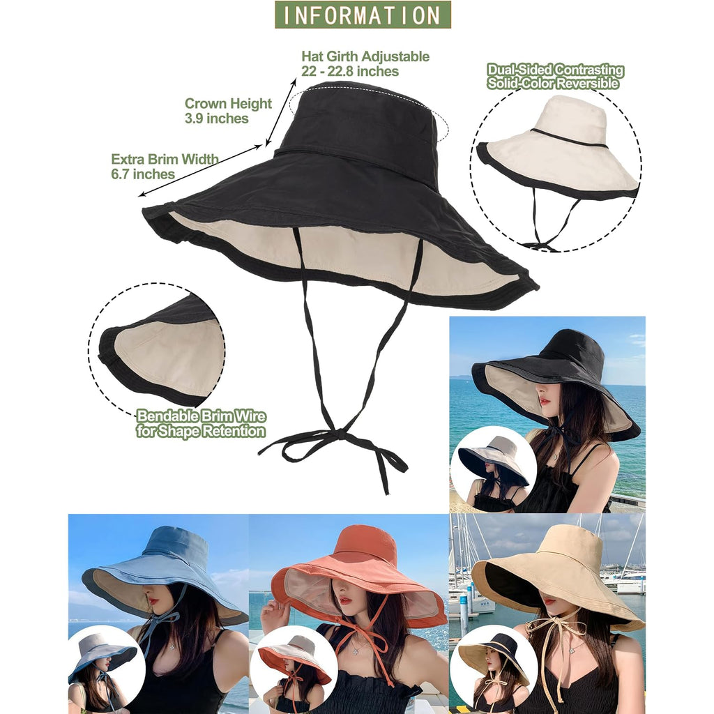 Extra Wide-Brim Sun Hats Women Uv-Protection Reversible Wired-Edge Packable Garden Beach Travel Summer Bucket Hat