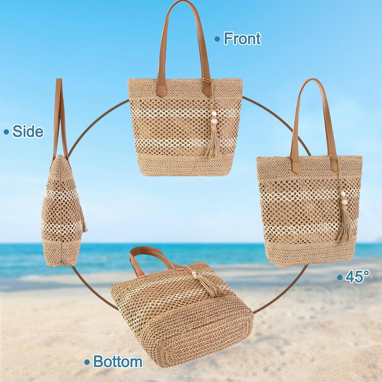 Straw Beach Tote Bag Women - 2026 Handwoven Summer Purse Handbag With Zipper Perfect For Vacation Travel Pool | Large Roomy