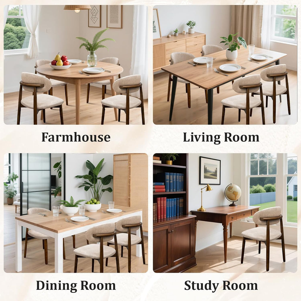 Farmhouse Dining Chairs Set Of 4, Mid Century Modern Fabric Upholstered Kitchen Chairs, Wooden Dining Room Chair With Curved Back For Kitchen Dining Room Restaurant Cafe, Light Camel (Only Chairs)