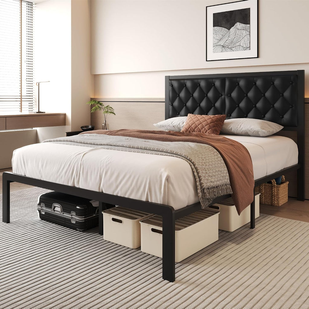 Queen Bed Frame With Headboard Pu Leather Upholstered Bed Frame Platform,All Metal Slats Support Platform Bed Frame With Storage Space,Easy Assembly,Noise Free,No Box Spring Needed,Black