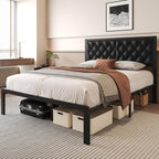 Queen Bed Frame With Headboard Pu Leather Upholstered Bed Frame Platform,All Metal Slats Support Platform Bed Frame With Storage Space,Easy Assembly,Noise Free,No Box Spring Needed,Black