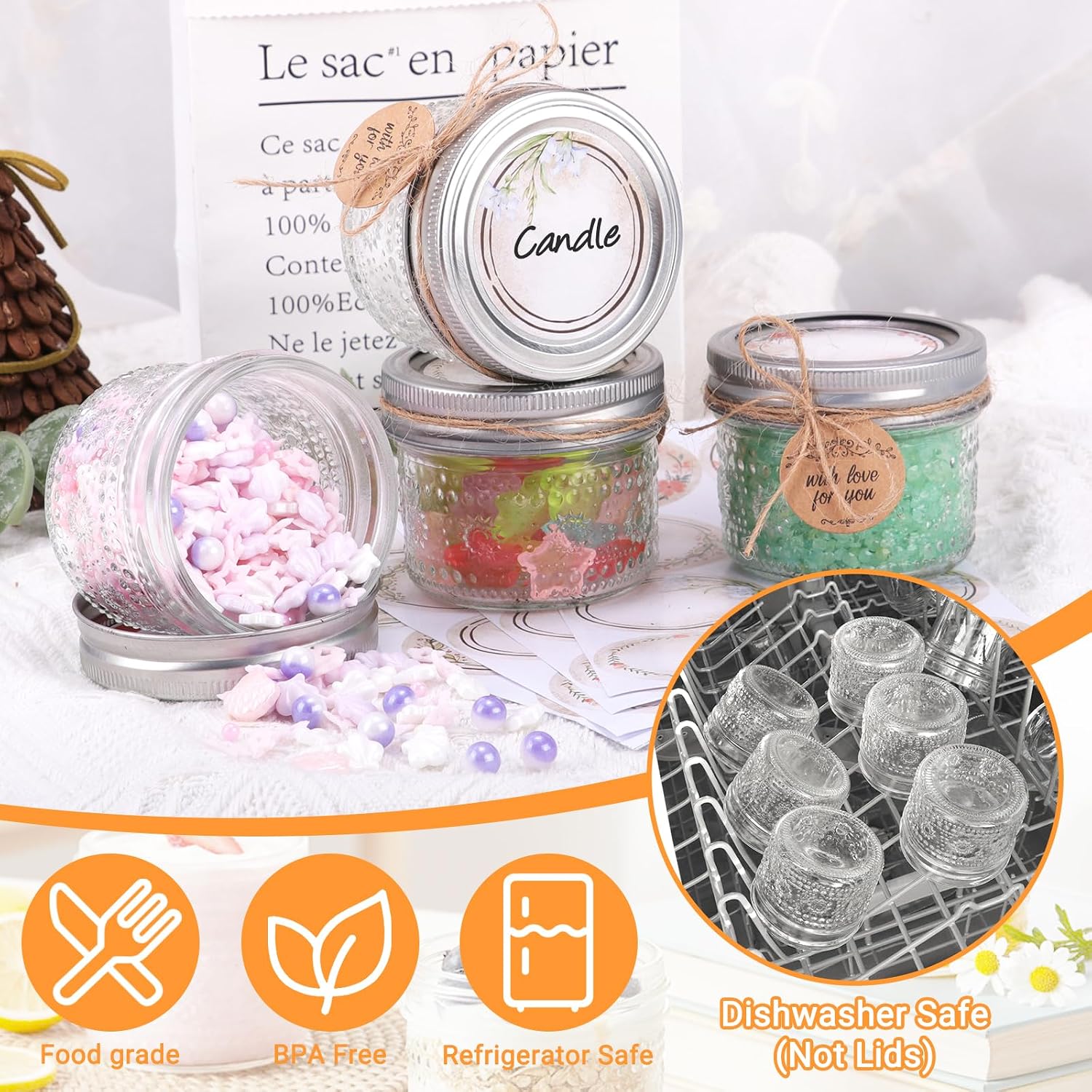 4 Oz Small Embossed Mason Jars 24-Pack With Airtight Lids, Leakproof | Mini Canning Jars, Reusable, For Jam/Jelly/Honey, Spices, Diy Candles, Wedding Favors & Gift Packaging