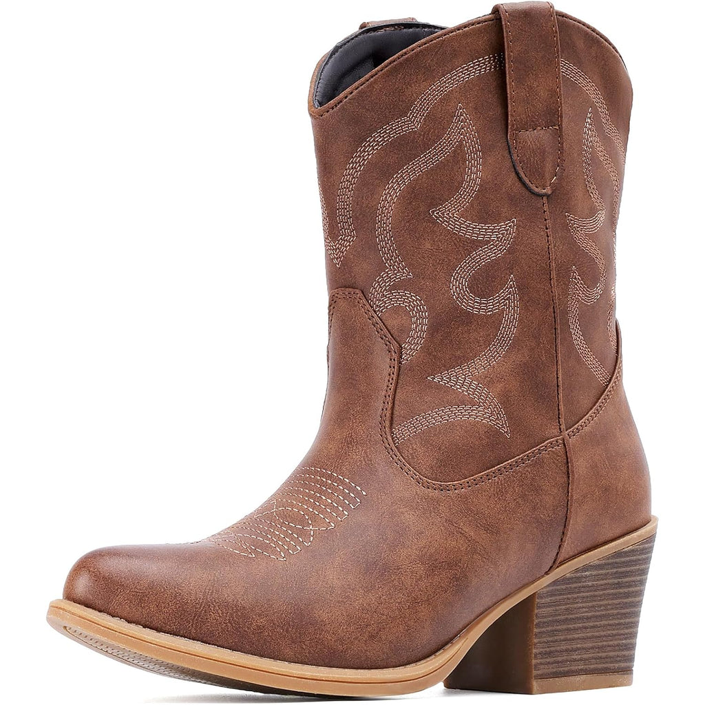 Cowboy Boots For Women Wide Suede Ankle Western Cowgirl Boots Mid Calf Pointed Toe Short Chunky Classic Booties