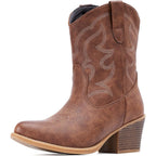 Cowboy Boots For Women Wide Suede Ankle Western Cowgirl Boots Mid Calf Pointed Toe Short Chunky Classic Booties