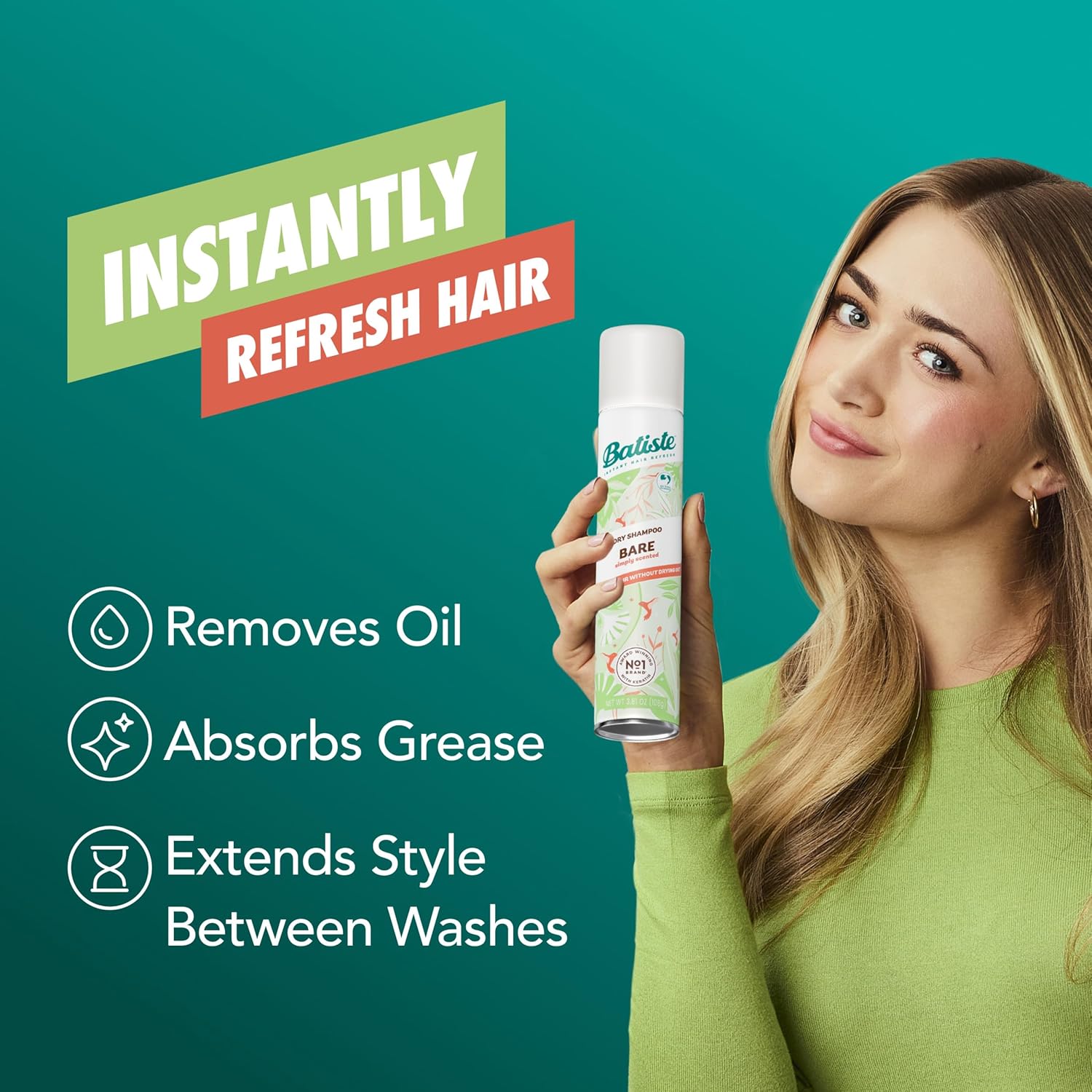 Batiste Dry Shampoo, Bare Fragrance, Refresh Hair and Absorb Oil Between Washes, Waterless Shampoo for Added Hair Texture and Body, 5.71 oz