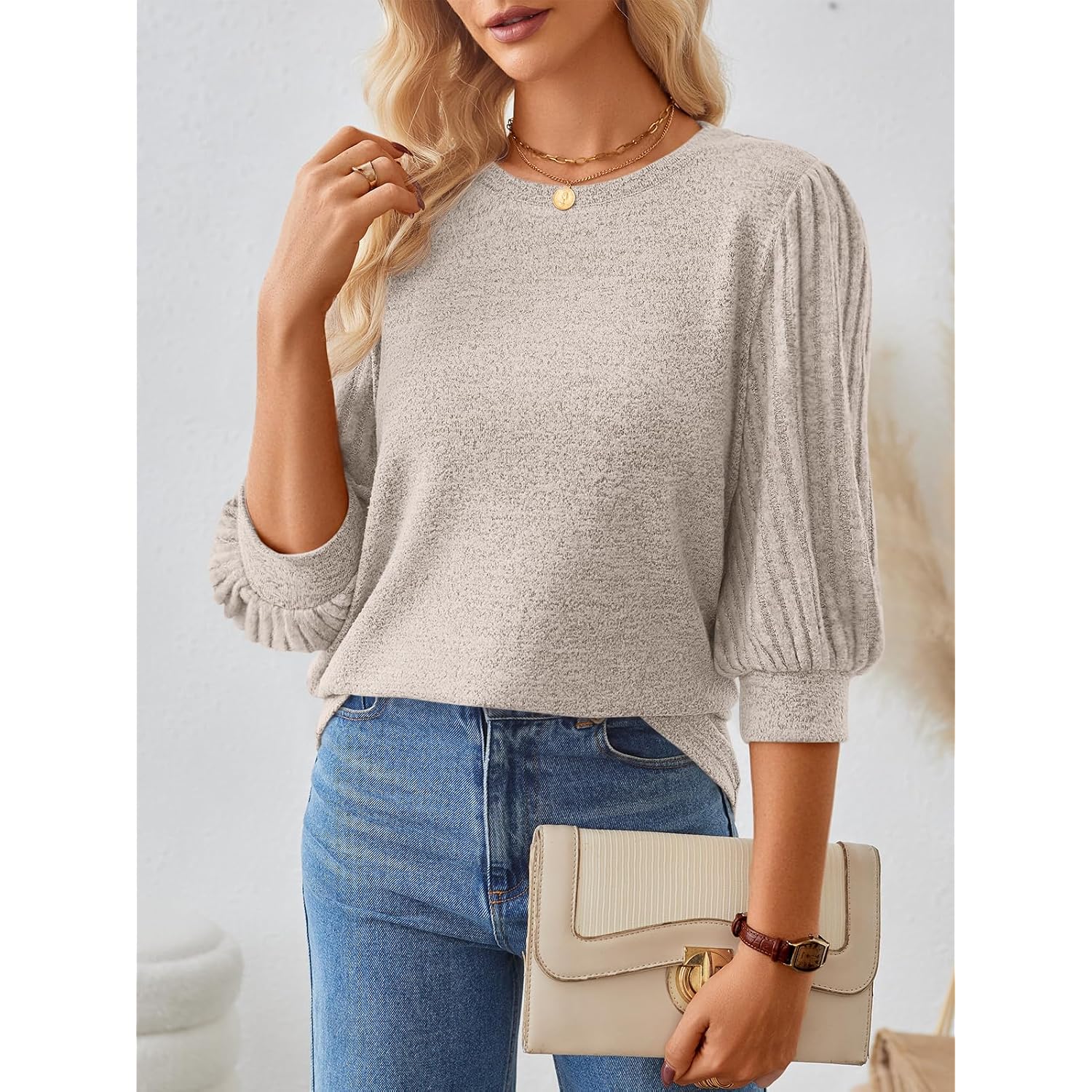 AUTOMET Womens 3/4 Length Puff Sleeve Tops Business Casual Dressy Work Blouses