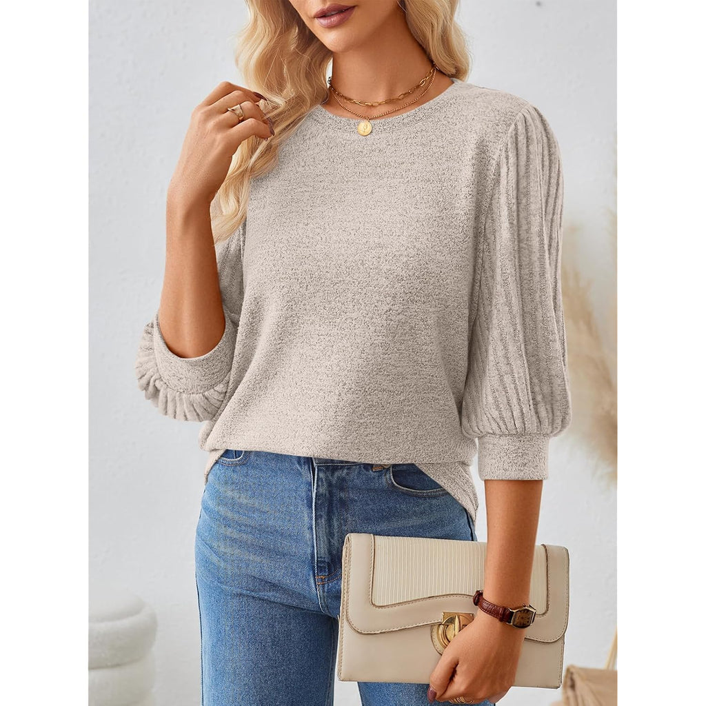 Automet Womens 3/4 Length Puff Sleeve Tops Business Casual Dressy Work Blouses