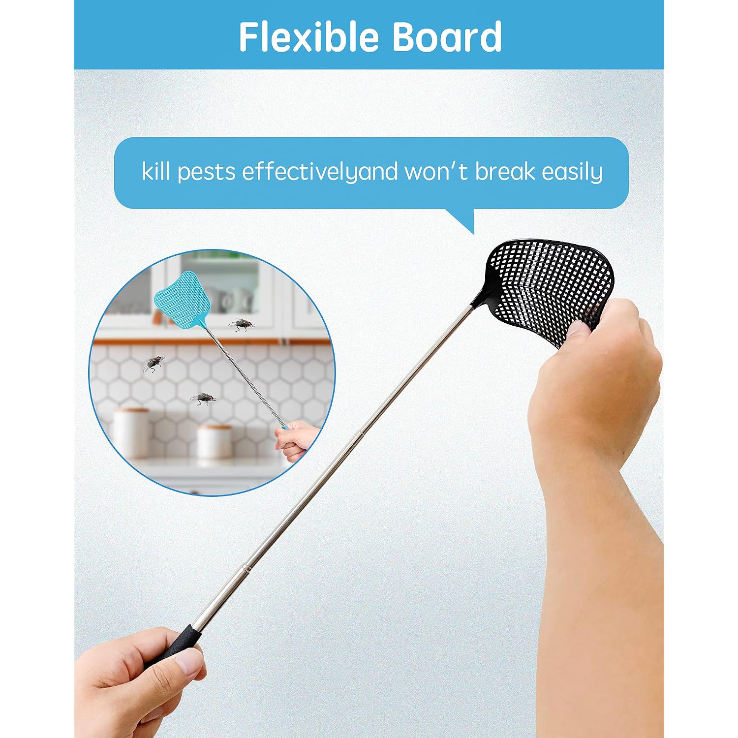 Cuncui Fly Swatter Set Of 2, Telescopic Fly Swatters-Black & Blue | Cuncui Fly Swatter 2 Pack, Durable Telescopic Stainless Steel Extendable Handles, For Home And Office, 2Pcs, 2 Colors