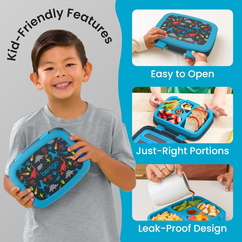 Bentgo Kids Prints Leak-Proof, 5-Compartment Bento-Style Kids Lunch Box - Ideal Portion Sizes For Ages 3-7, Durable, Drop-Proof, Dishwasher Safe, & Pfas & Bpa-Free Materials (Dinosaur)