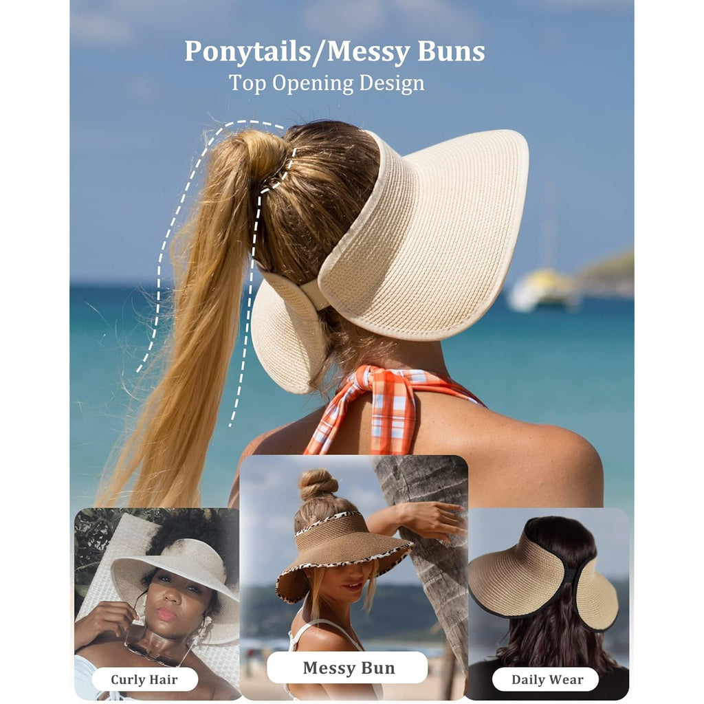 FURTALK Sun Hats for Women Wide Brim Beach Hat Straw Visor Ponytail Summer UV Packable Foldable Beach Vacation Essentials