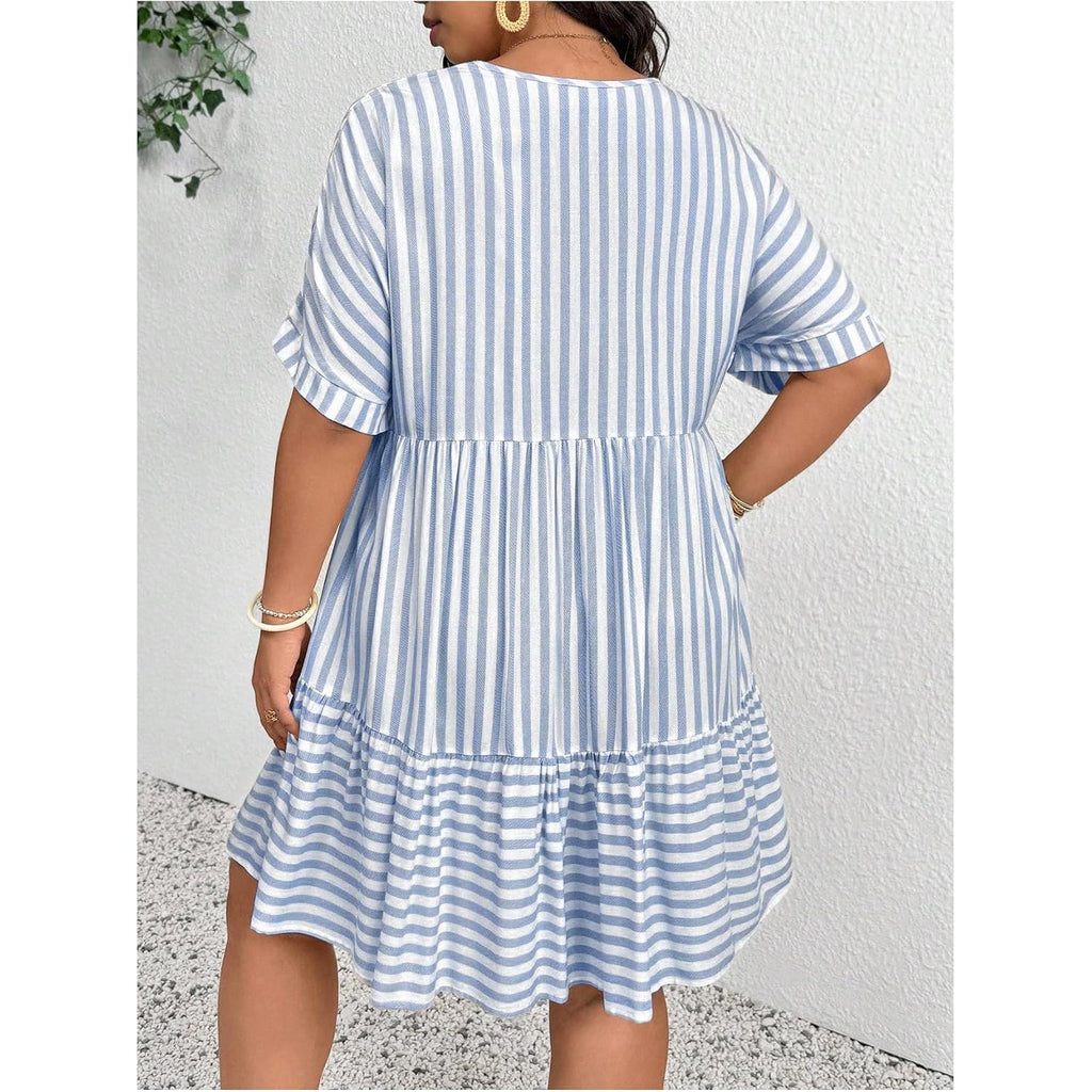 Soly Hux Women'S Plus Size Striped Ruffle Dress Summer Deep V Neck Half Sleeve Flowy Babydoll Dresses