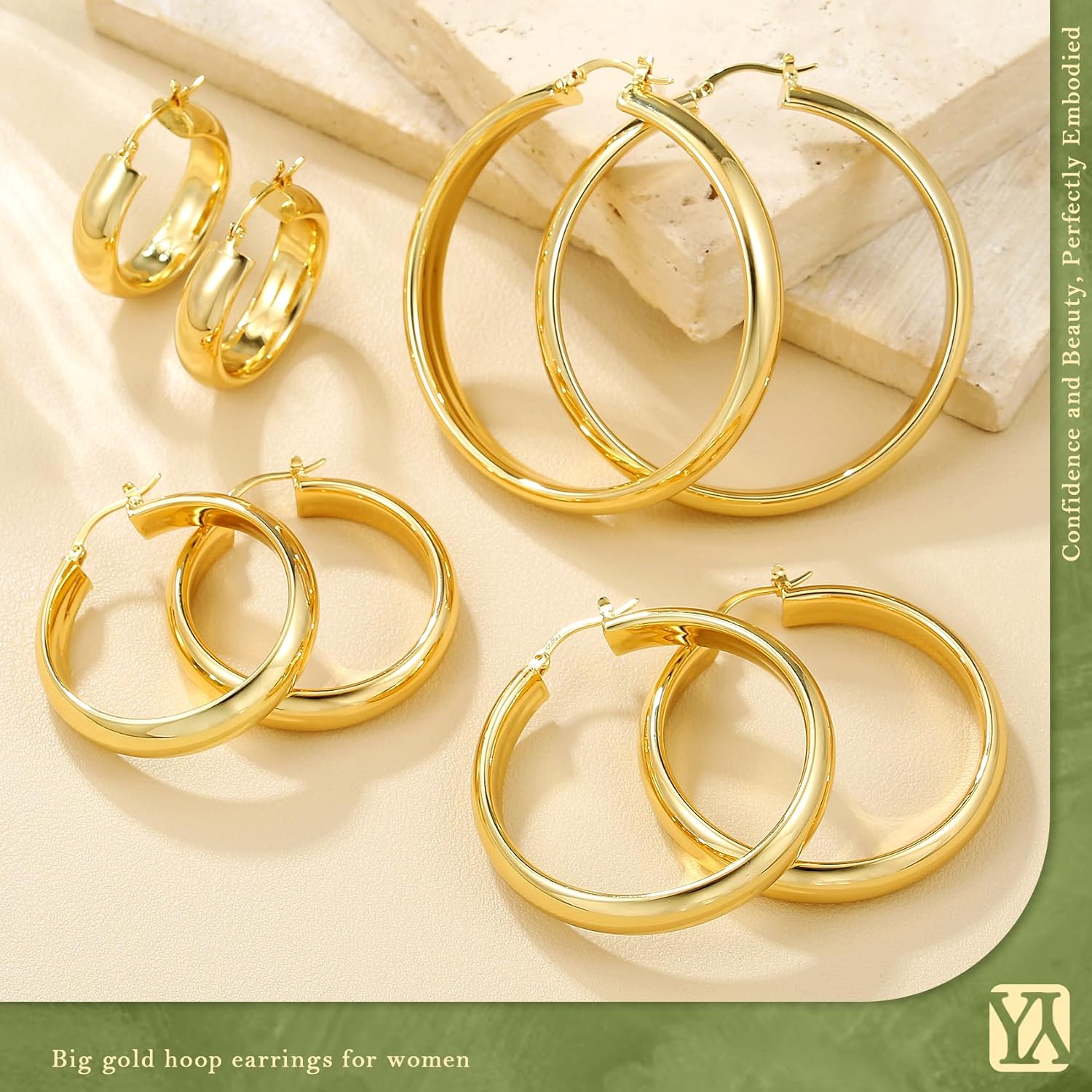 YOUNGYUE 8mm Wide Chunky Gold Hoops 14K Real Gold Plated Hypoallergenic 925 Sterling Silver Hoops Lightweight Big Gold Hoop Earrings for Women 30/40/50/60mm