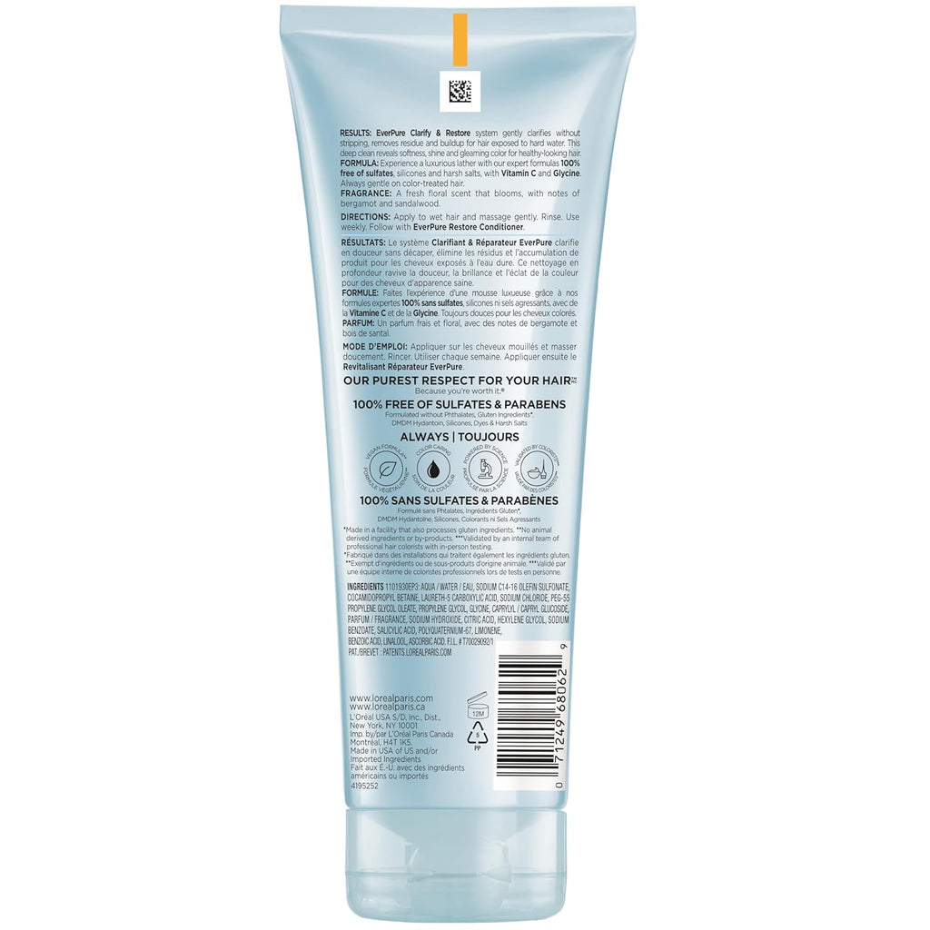 L'Oreal Paris Clarify Sulfate Free Shampoo with Antioxidants, Clarifying Shampoo for Hard Water Exposure and Styling Build-up, EverPure, 6.8 Fl Oz