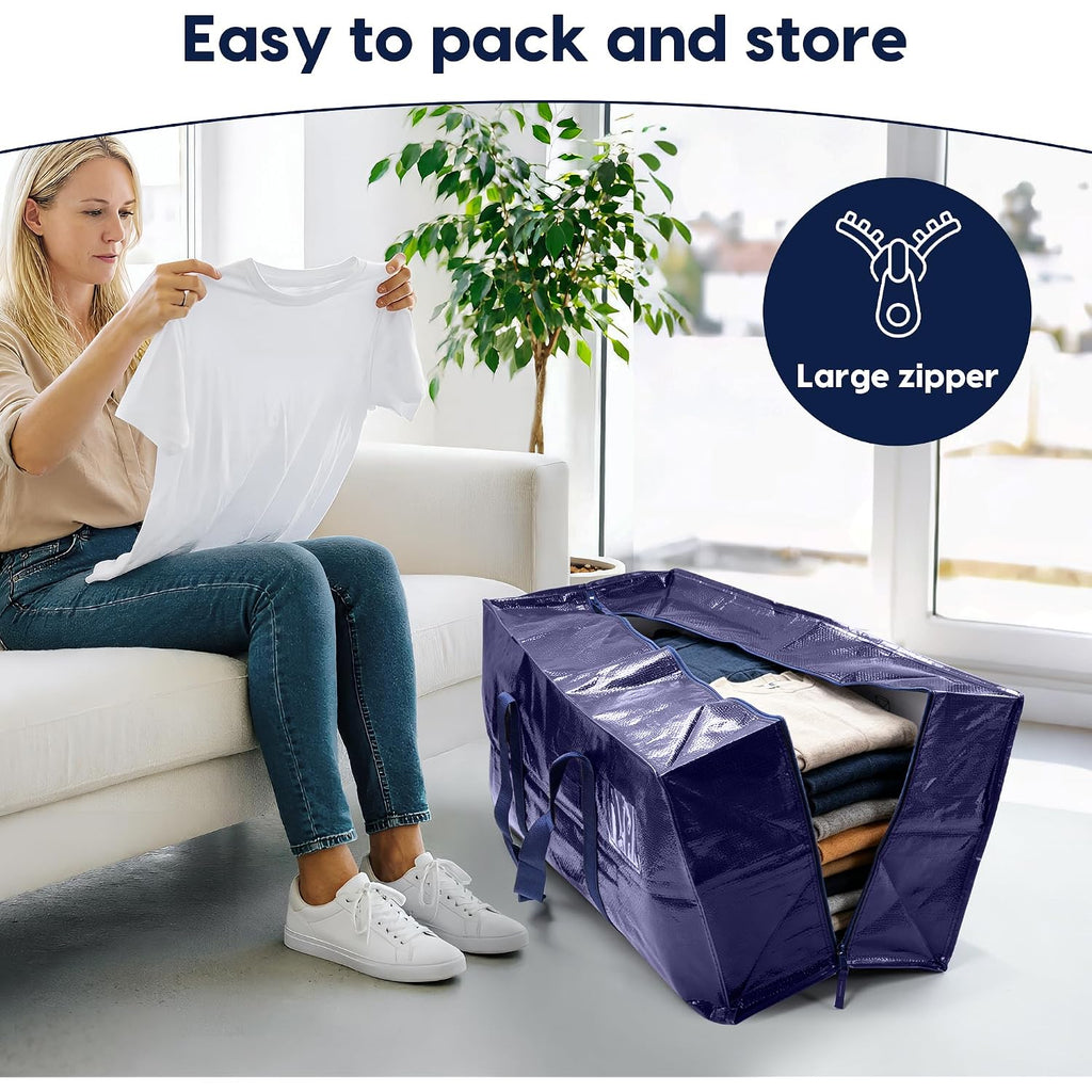 6 Pack Moving Bags Heavy Duty 210Gsm With Full-Open Side Zipper, 93L 220Lbs Waterproof Foldable Storage Totes For College Dorm Move-In, Moving Boxes Alternative & Home Organization, Blue