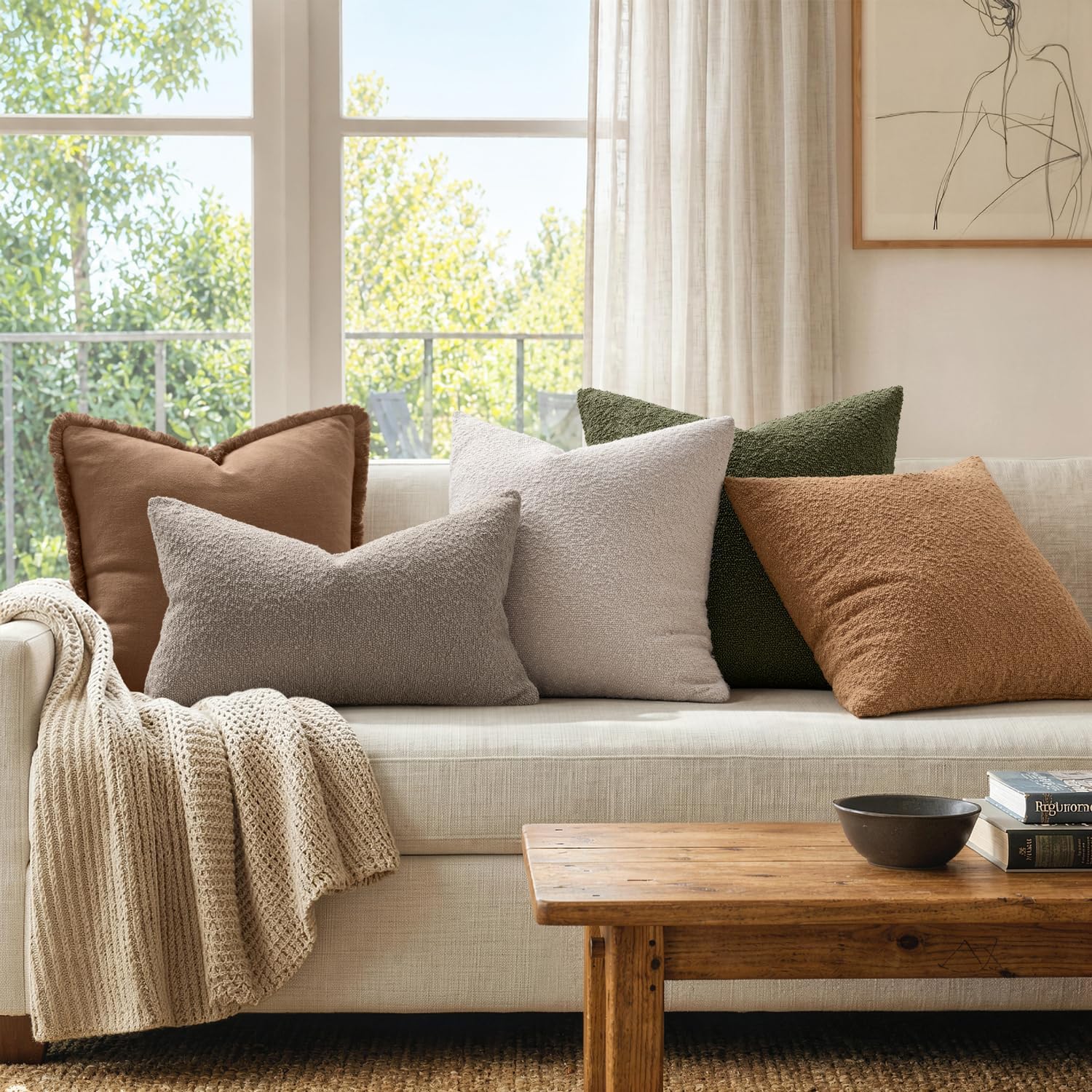Miulee 20X20 Inch Decorative Pillow Covers For Couch Bed Set Of 2 Textured Boucle Neutral Throw Pillow Covers Natural Beige Ivory Accent Solid Pillowcases Sofa Living Room Home Decor