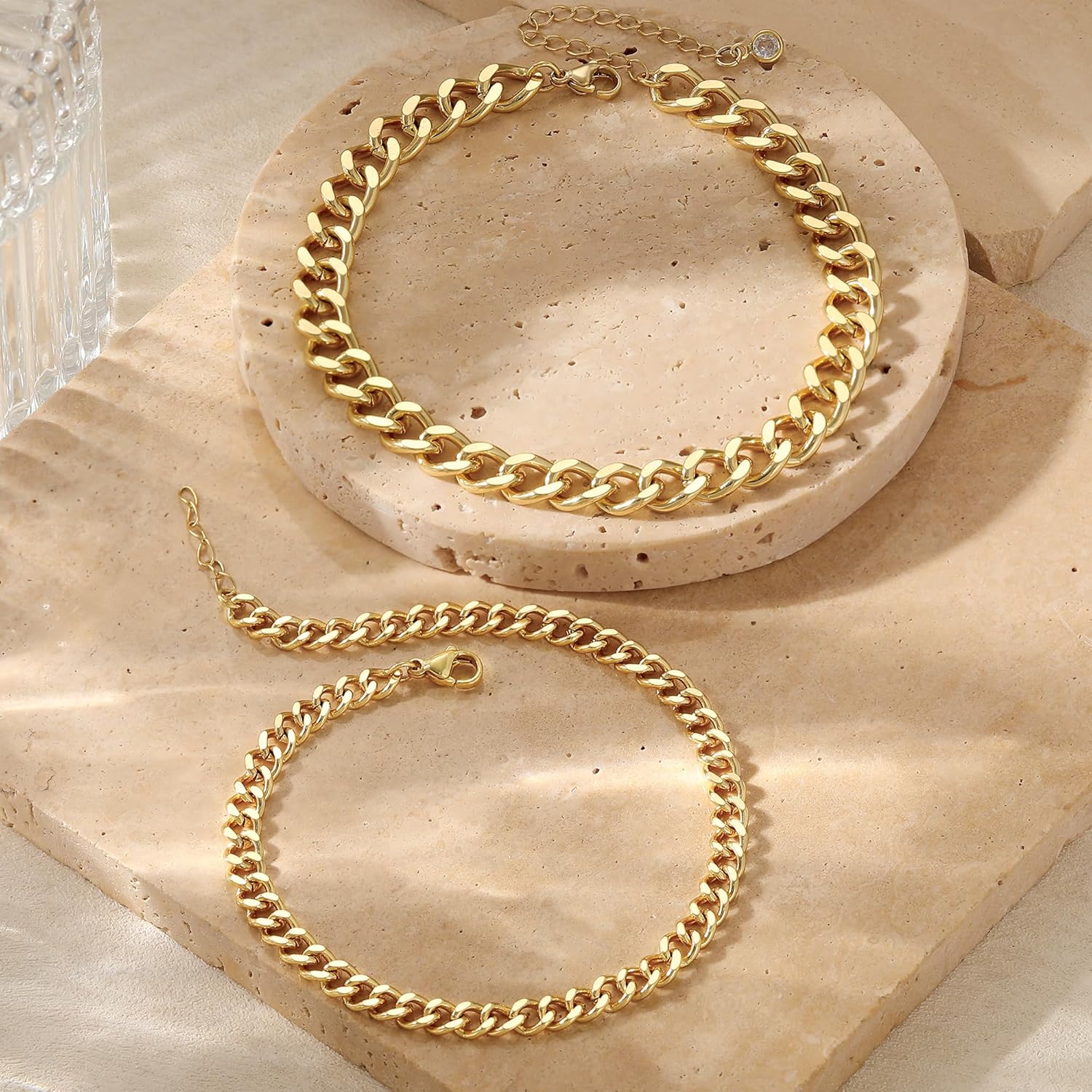 Tewiky Waterproof Ankle Bracelets for Women,Chunky Layered Gold Anklet for Women Non Tarnish Adjustable Cuban Set Stackable Summer Beach Jewelry Gift