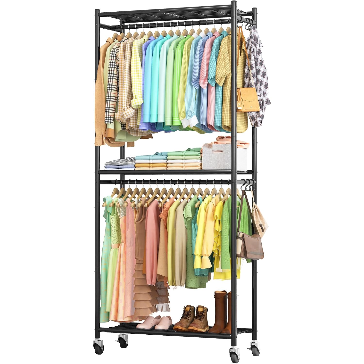 Clothes Rack - 33.0" X 12.2" X 79.5" Clothing Rack With Shelves & Wheels, Multi-Functional Wardrobe Closet With Hooks, Sturdy Metal Garment Rack For Bedroom, Laundry, Balcony (Black)