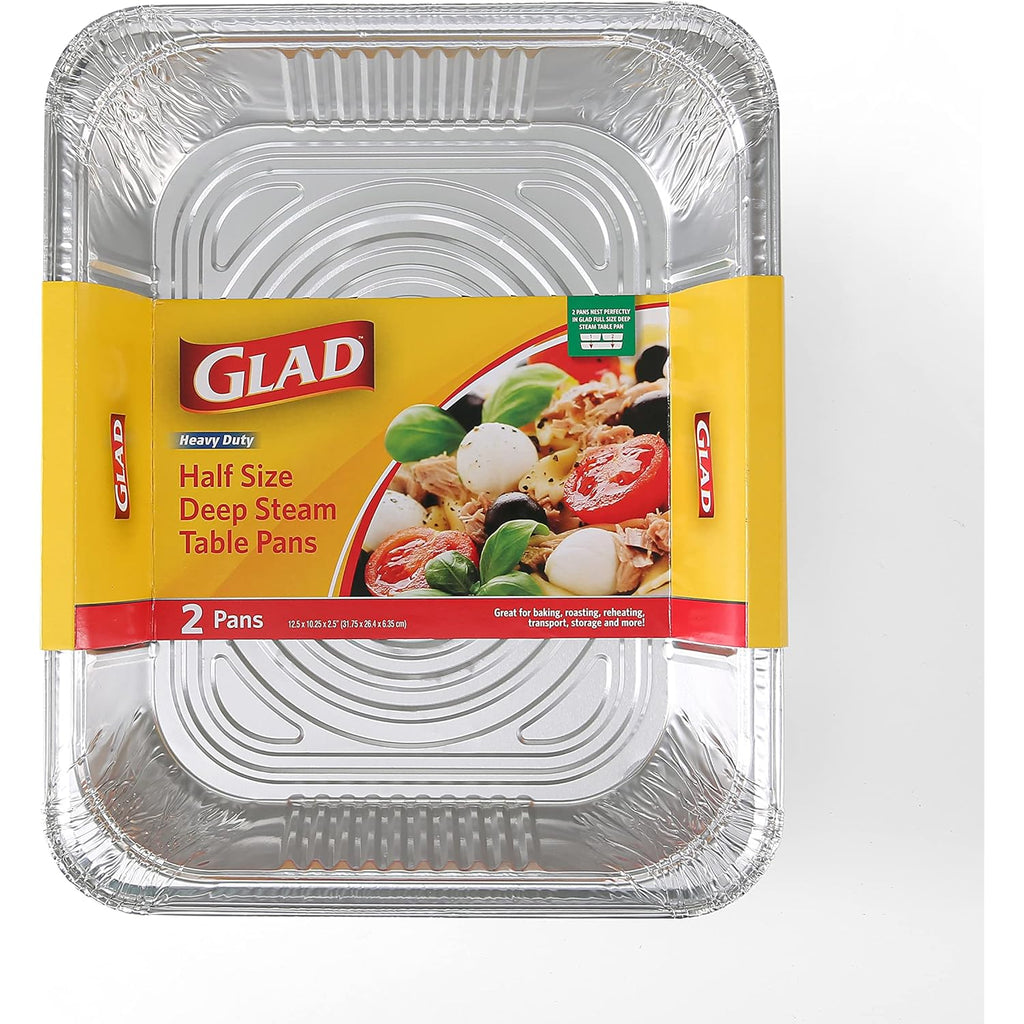 Glad Disposable Half Size Aluminum Steam Pans, Deep Heavy Duty Foil Pans for Steaming, Baking, Roasting, Meal Prep, Catering & Freezer Storage, 12.5 x 10.25 x 2.5 Inch, 2 Count