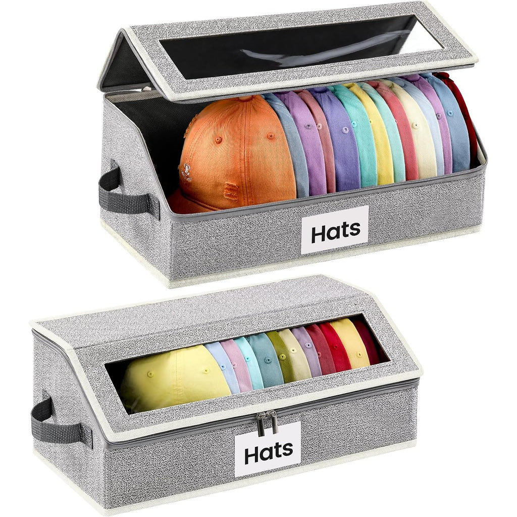 Hat Organizer For Baseball Caps, 2-Pack Stackable Hat Storage Box Holds 30 Caps, Foldable Cardboard Holder With Clear Dust-Proof Window For Closet, Grey