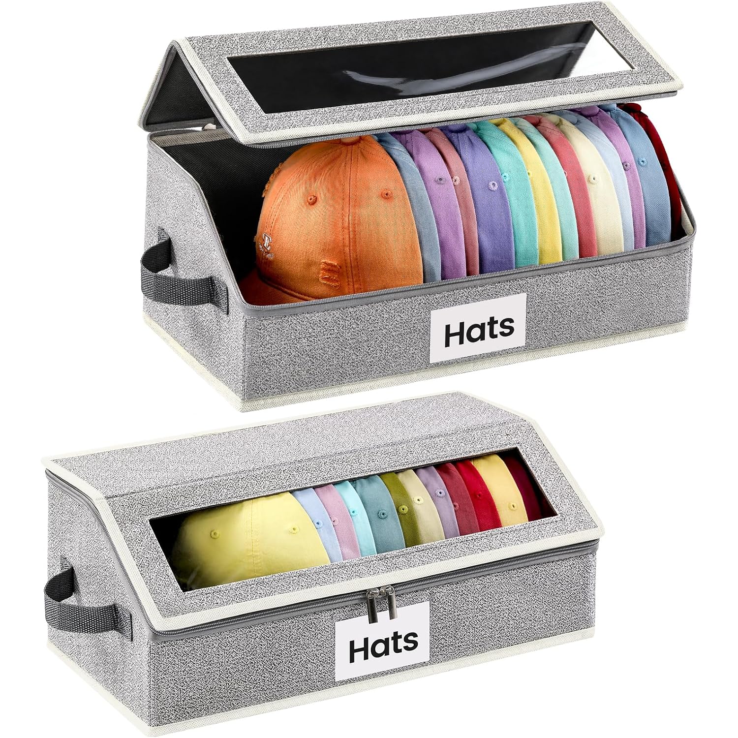 Hat Organizer For Baseball Caps, 2-Pack Stackable Hat Storage Box Holds 30 Caps, Foldable Cardboard Holder With Clear Dust-Proof Window For Closet, Grey